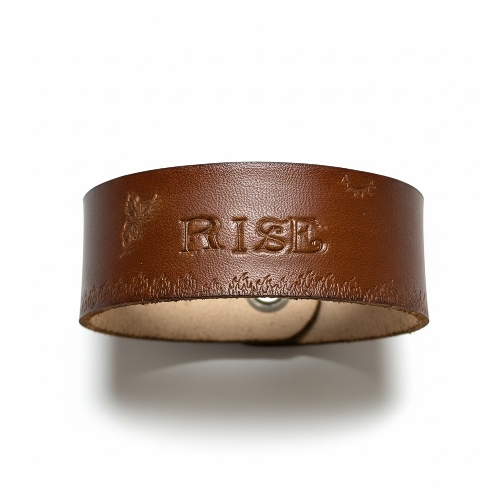 Handmade‎ stamped Rising phoenix flames unisex deep Brown Leather Cuff Bracelet